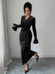 Modelyn 女士天鹅绒拼接亮片修身中长连衣裙，酒红色，长袖，适合外出和约会，秋冬季 - 黑色 - 查看 4