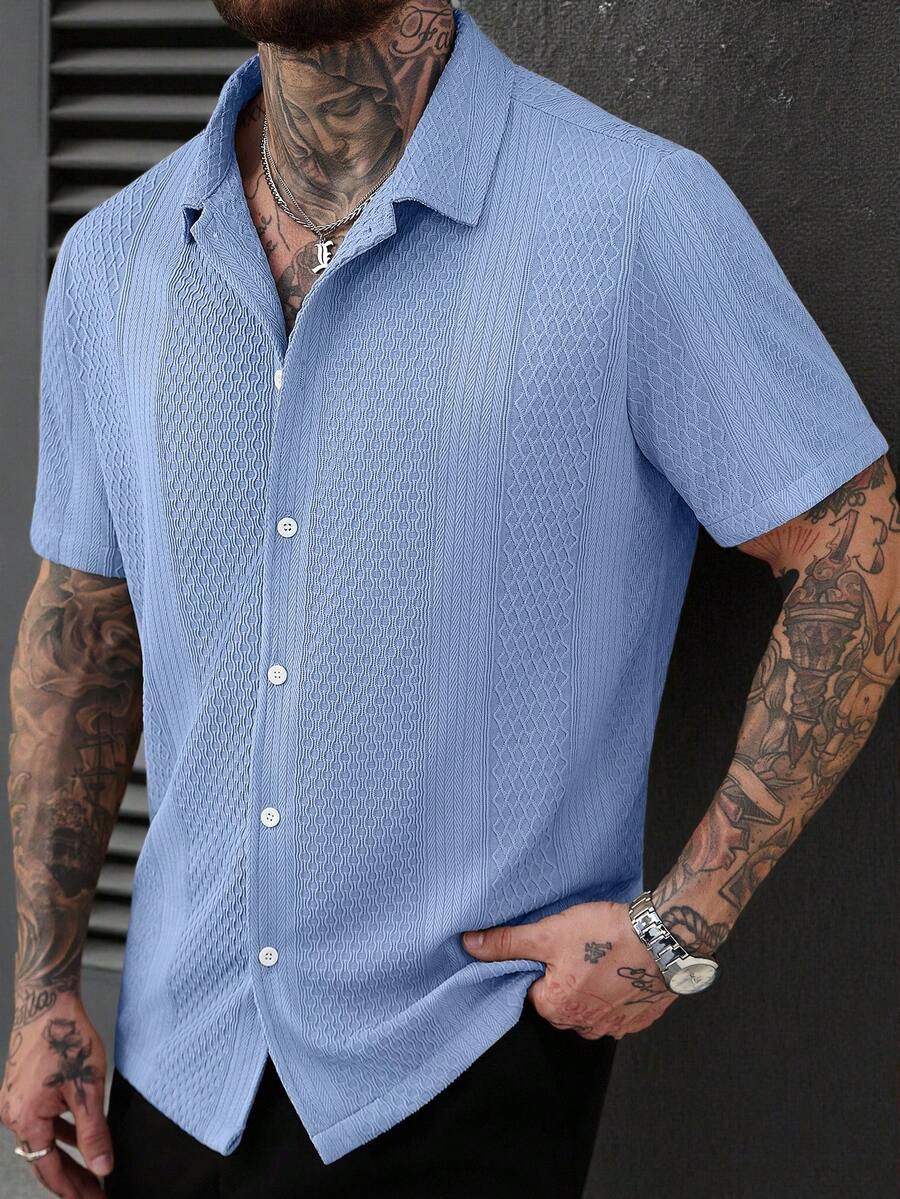 Manfinity Homme Men's Solid Color Jacquard Knit Short Sleeve Shirt - Baby Blue - View 1