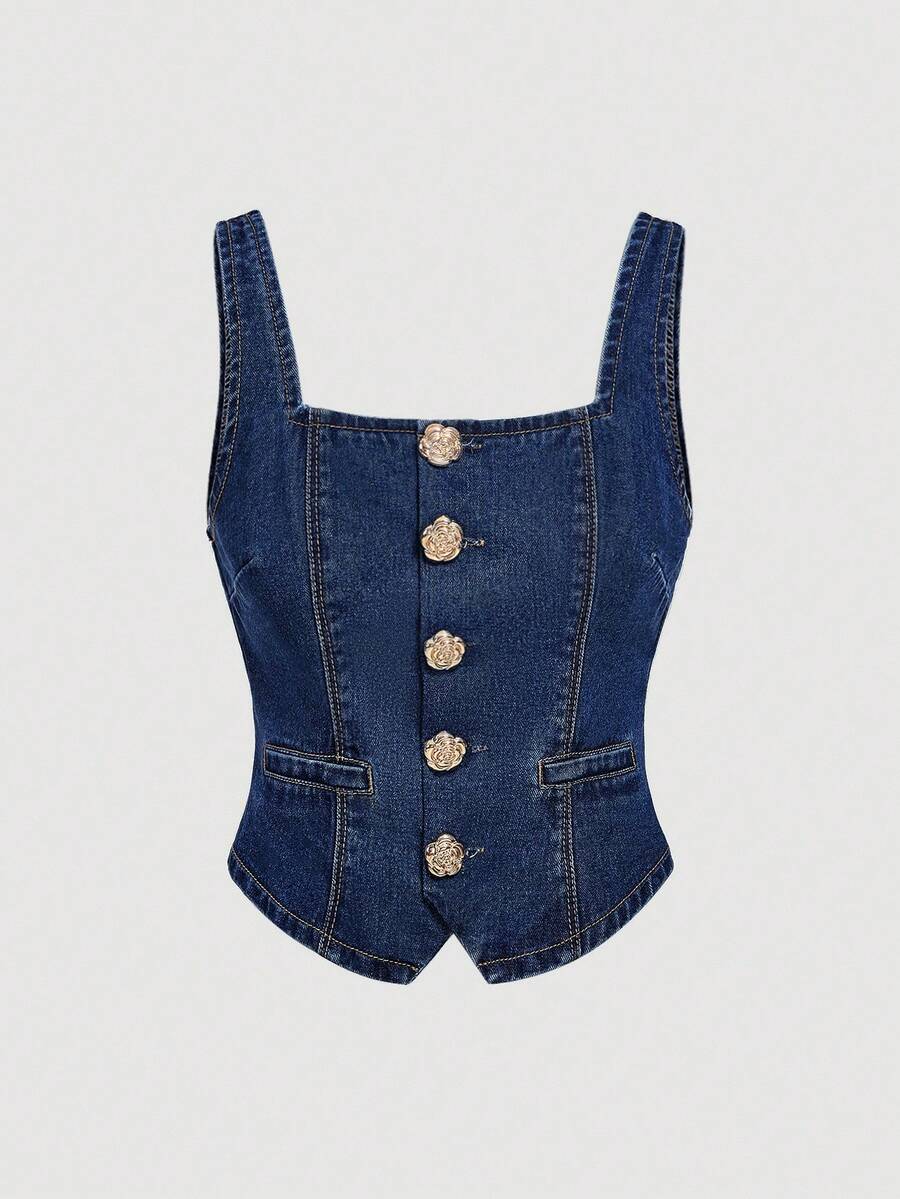 Sweetra 女士金属花朵单排扣牛仔背心外套 - 深色水洗藍 - 查看 1