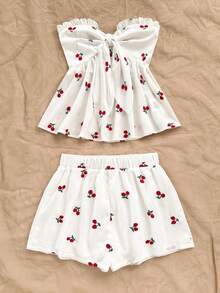 Soleia Bộ 2 món áo crop top không tay họa tiết sọc nhún bèo nhún phía trước và quần short thường ngày cho nữ, thích hợp cho tiệc tùng, bãi biển, bờ biển - Nhiều màu - Xem 4