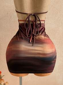 Soleia Women Mini Dress,All Shades Of Brown,Summer,Boho,Vacation,Holiday Halter Tie Bow Hollow Out Backless Tie Dye Elegant Party Wedding Dinner Sunset Dress - Multicolor - View 6