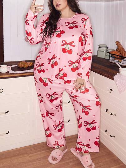 SweetSlumber Sweet Cute Cherry Bow Pattern Long Sleeve & Pants Pajama Set, Soft Girly Sleepwear For Autumn, Valentine's Day, Plus Size Cherry Pajamas Curve Pajamas Set Valentine's Day Cherry Pajama Set Comfy Pajamas Set Cute Pajamas For Woman Valentine Day Pajama Set For Women