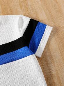 Vacaura 1pc Teen Boy's Crew Neck Short Sleeve Patchwork T-Shirt,Knitted Jacquard Fabric,Slim Fit Striped Top,White,Summer,Streetwear,Beach,New Spring Clothes - Black and White - View 4