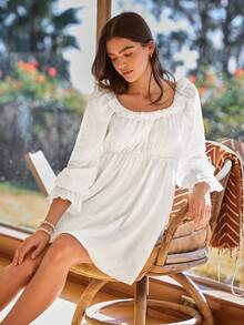 Lullawish Camisón holgado de mujer de algodón jacquard de punto con mangas de farol y diseño calado en estilo bohemio - Blanco - Ver 4