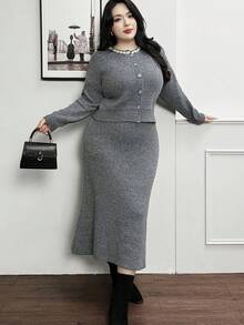 Feyla 大码女式优雅仿珍珠纽扣开衫和裙装套装，适合工作和通勤，秋冬季 - 灰色 - 查看 5