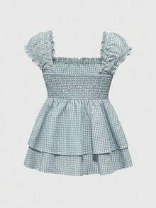 ROMWE Kawaii Vestido camisa cuadros con cuello cuadrado, decoración de lazo y silueta evasé - verde menta - Ver 2