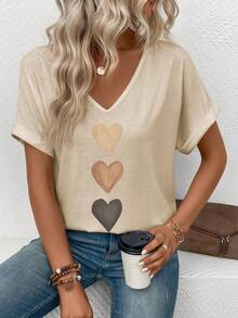 EMERY ROSE Women's V-Neck Flared Cuff, Ombre Heart Print Casual Versatile T-Shirt, Spring/Summer - Apricot - View 4