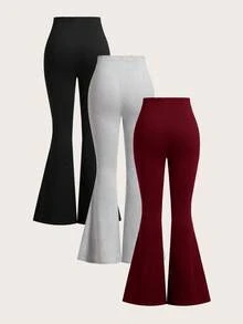 SHEIN EZwear 3件套女士高腰紧身喇叭裤套装，适合春、秋、冬三季穿着。 - 彩色 - 查看 2