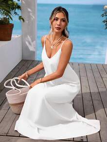 Vivid Eden V领露背休闲纹理面料连衣裙，适合女士外出和度假穿着 - 白色 - 查看 8