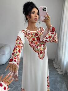 GlowEve Áo choàng nữ thời trang in hoa, kiểu dáng thanh lịch Trung Đông. - Màu be - Xem 7
