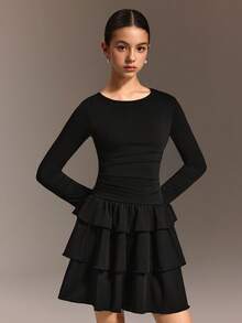 SHEIN Falda deportiva de tenis para adolescentes, diseño de cintura plisada, falda multicapa, muy elástica, suave y transpirable, adecuada para deportes y baile, uso diario, uso escolar, elegante, Navidad, Día de San Valentín. - Negro - Ver 4