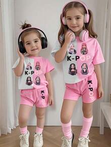 2件套 女童撞色卡通人物印花短袖T恤和字母印花短裤套装 - 彩色 - 查看 1