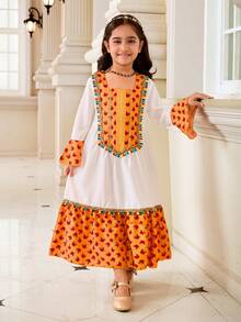 SHEIN Girls'Traditional Style Patchwork Colorful Tassel Hem Design Arabic Dress,White,Autumn,Family Matching Jalabiya Modest Thobes Dress For Kid Girls - Multicolor - View 6