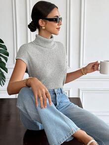 SHEIN Frenchy 女士纯色罗纹立领优雅毛衣背心 - 棕色 - 查看 15