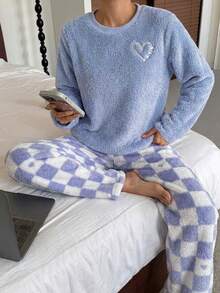 SHEIN 2pcs Girls Heart Embroidery Casual Loungewear Set, Fleece Fabric, Long Sleeve Top And Pants Comfy Pajama Set - Blue - View 5
