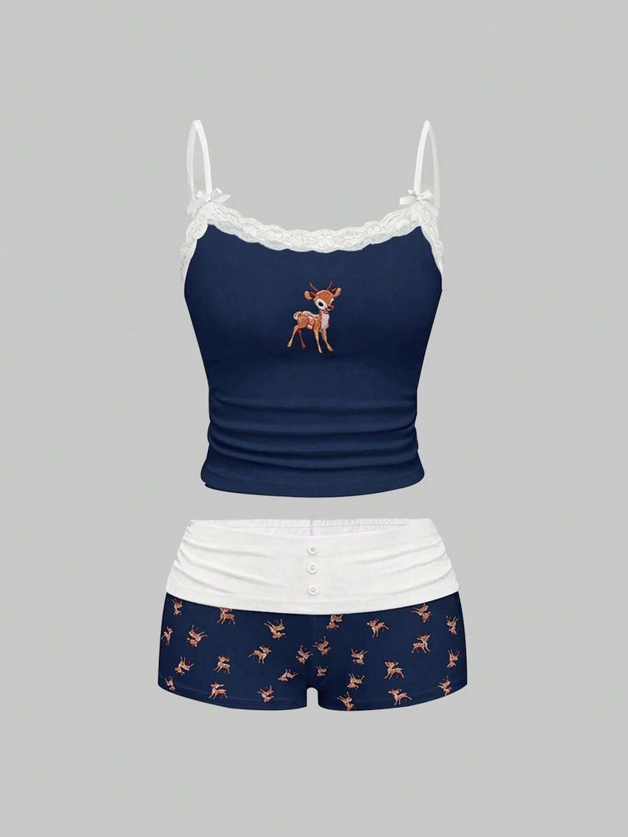 ROMWE J-Fashion 女士可爱小鹿刺绣蕾丝吊带背心和小鹿印花短裤套装 - 藏蓝色 - 查看 1