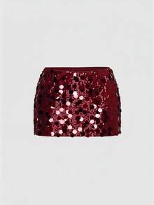 ROMWE Avant Bộ đồ hai mảnh gợi cảm phong cách Y2K gồm áo crop top cổ yếm đính sequin và chân váy mini cạp thấp dành cho nữ, thích hợp dự tiệc. - Màu Đỏ Sâu - Xem 5
