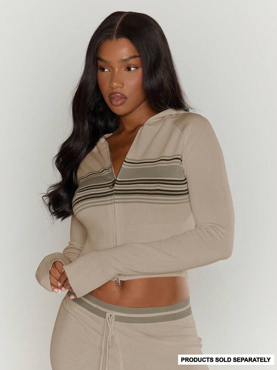MUSERA Áo hoodie dệt kim kẻ sọc ôm sát, chỉ có áo trên, thích hợp mặc ở nhà, mùa đông, thoải mái, dự tiệc tối, thanh lịch, mùa xuân. - Màu be - Xem 1