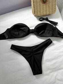Swim Vcay 2件套纯色绳饰抹胸比基尼上衣和高衩泳裤性感泳装套装，春夏女士泳衣黑色比基尼套装全包臀黑色比基尼套装系带比基尼套装蝴蝶结比基尼保守比基尼套装 - 黑色 - 查看 2
