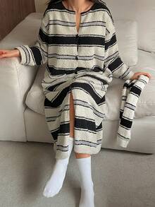 DAZY 2pcs Women Striped Knit Loose Long Sleeve Robe & Scarf Sleepwear Set, Winter Pajamas - Black and White - View 6