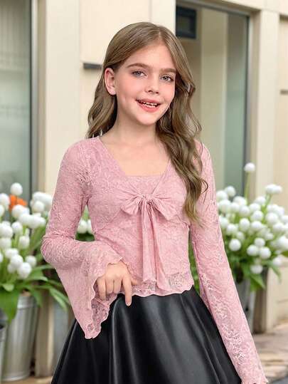 SHEIN 少女蕾丝拼接方领蝴蝶结优雅喇叭袖长袖T恤