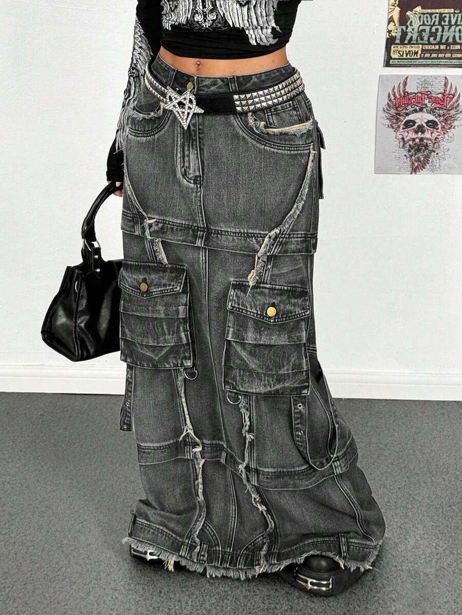 StreetHx 女士工装口袋毛边下摆休闲长款牛仔裙 - 灰色 - 查看 1