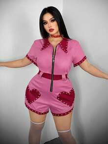 Whyspr 大码撞色拉链腰部爱心泡泡装饰短袖连体裤 - 彩色 - 查看 1