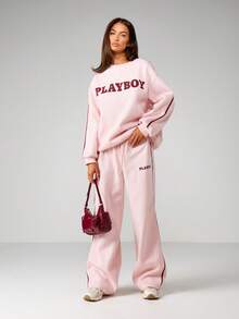 Missguided x Playboy Oversized Crew Neck Long Sleeve Sweatshirt With Large Chest Text Print Casual Comfort Pullover Top Winter Fall Loungewear - Pink - View 3