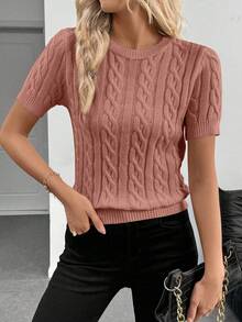 SHEIN Cottnline Blogger-Inspired Twist Rope Decor Round Neck Knit Sweater, Versatile For Autumn/Winter - Dusty Pink - View 7