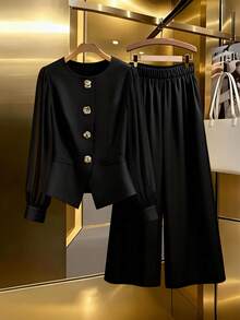 GlowEve CURVE Plus Size Elegant Commuter Solid Color Shirt & Pants 2 Pieces Set - Black - View 1
