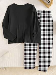 Tween Boys 2pcs Pajama Set, Black Numeric 67 Print Long Sleeve Top And Black & White Plaid Pants, Spring/Autumn - Black - View 2