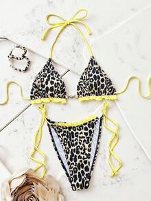 Bonvoyette-D Leopard Print Ruffled Tie-Side Backless Bikini Set, Sexy Beach Swimsuit For Women, Spring/Summer - Multicolor - View 4