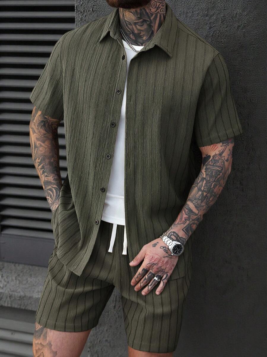 SLATEMANN 男士休闲纯色纽扣衬衫套装 - 軍綠色 - 查看 1