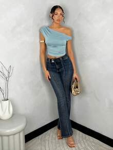 SHEIN BAE Women's Solid Color Ruched Asymmetric Shoulder Summer Top - Blue - View 3