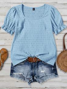 SHEIN VCAY Áo thun tay ngắn cổ tròn cỡ lớn, đa năng cho mùa hè, áo kiểu casual màu xanh dương, áo màu xanh nhạt cho nữ. - Màu xanh nhạt - Xem 1
