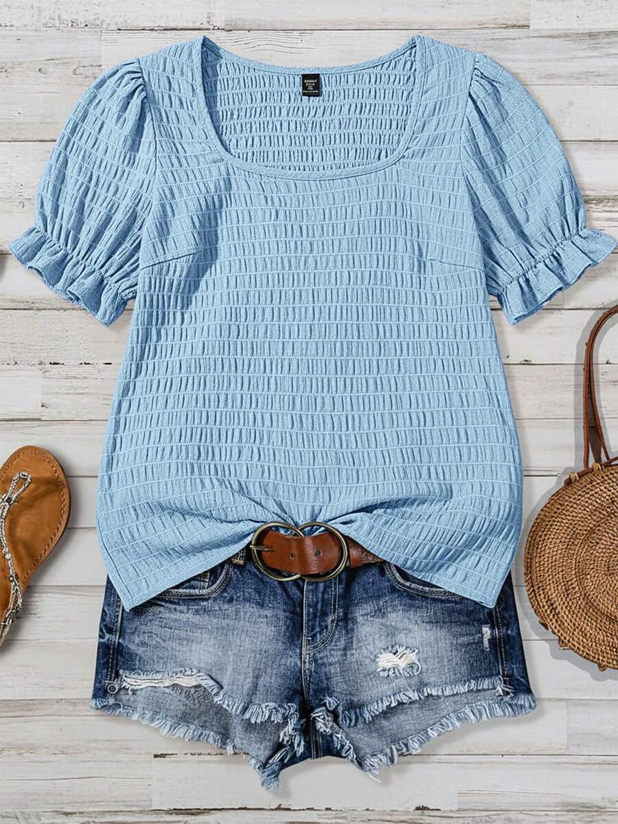 SHEIN VCAY Áo thun tay ngắn cổ tròn cỡ lớn, đa năng cho mùa hè, áo kiểu casual màu xanh dương, áo màu xanh nhạt cho nữ. - Màu xanh nhạt - Xem 1