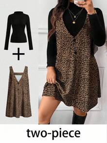 SHEIN Frenchy طقم نسائي كاجوال أنيق بنقشة جلد النمر مقاس كبير، مكون من قطعتين، مناسب للخريف/الشتاء، رأس السنة، حفلات الموسيقى، باللون الأسود - بني - مشاهدة 1