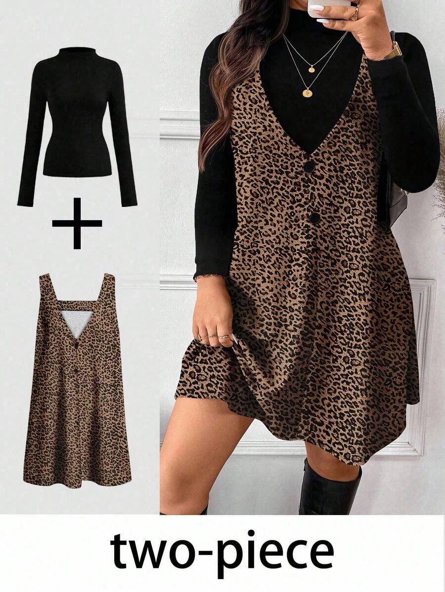 SHEIN Frenchy طقم نسائي كاجوال أنيق بنقشة جلد النمر مقاس كبير، مكون من قطعتين، مناسب للخريف/الشتاء، رأس السنة، حفلات الموسيقى، باللون الأسود - بني - مشاهدة 1