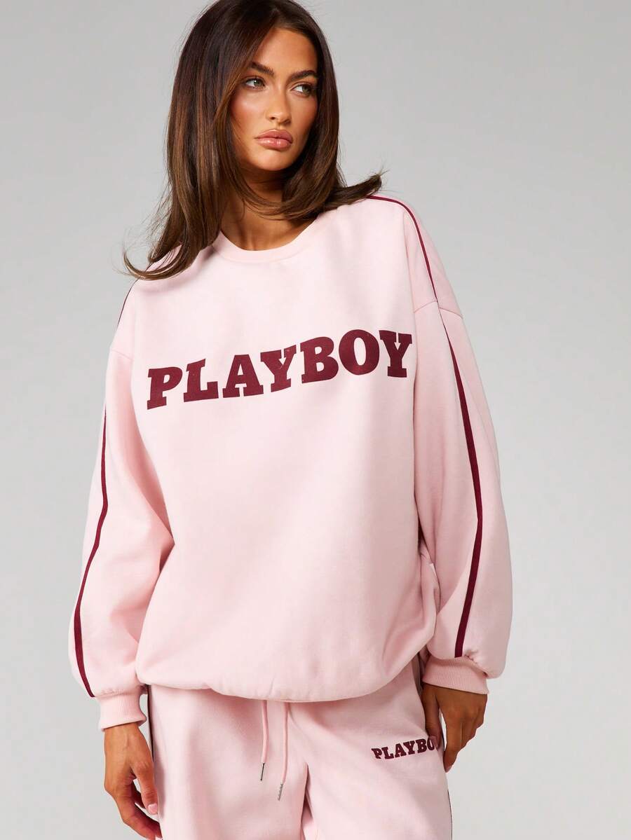 Missguided x Playboy Oversized Crew Neck Long Sleeve Sweatshirt With Large Chest Text Print Casual Comfort Pullover Top Winter Fall Loungewear - Pink - View 1