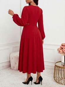 SHEIN Lady Đầm nữ cổ tròn màu trơn tay raglan phồng, thắt eo, dáng dài ngang gối, thanh lịch với họa tiết hoa. - Màu Đỏ Sâu - Xem 2