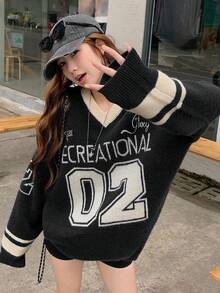 DAZY 女士V领休闲撞色长袖毛衣 - 黑色 - 查看 5