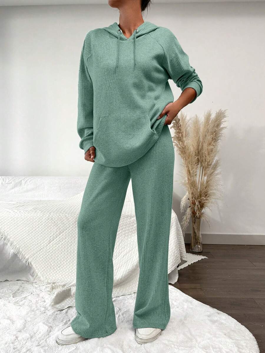 SHEIN Cottnline 女士纯色抽绳连帽口袋长袖上衣和裤子休闲日常通勤套装 - 薄荷綠 - 查看 1