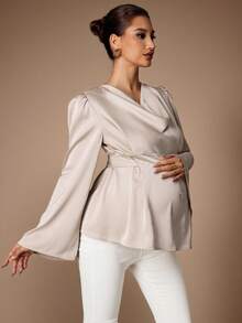 MaterniChic Maternity Clothes Maternity  Tops Spring And Summer Pregnant Clothes Apricot Maternity Blouse, Satin V-Neck, Long Sleeves, Elegant Party - Apricot - View 1
