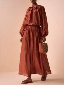 Zivah Elegant Autumn Rust Two Pieces Set,Bow Tie Lantern Long-Sleeved Shirt & High Waist A-Line Skirt,Brunch Vacation Wedding Guest Outfit - Brown - View 6