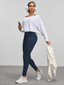 Eassivo Eassivo 女士高腰带口袋休闲健身紧身裤 - 藏蓝色 - 查看 5