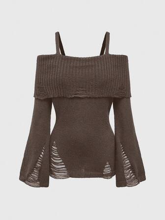 Goth Camiseta de punto con mangas acampanadas, cintura ceñida y diseño desgastado de estilo punk en unicolor