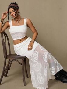 Freevana Plus Size Bohemian Vintage Western Style Paisley & Cashew Flower Lace Versatile White Skirt For Women, Early Spring - White - View 7