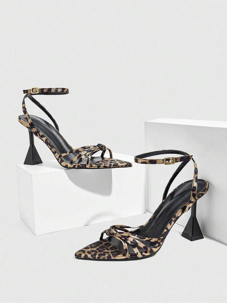 CUCCOO SZL Multi-Color Satin Leopard Print Strap Buckle Ankle Strap Fashionable Sexy Pointed Toe Chunky Heel Painted High Heel Sandals
