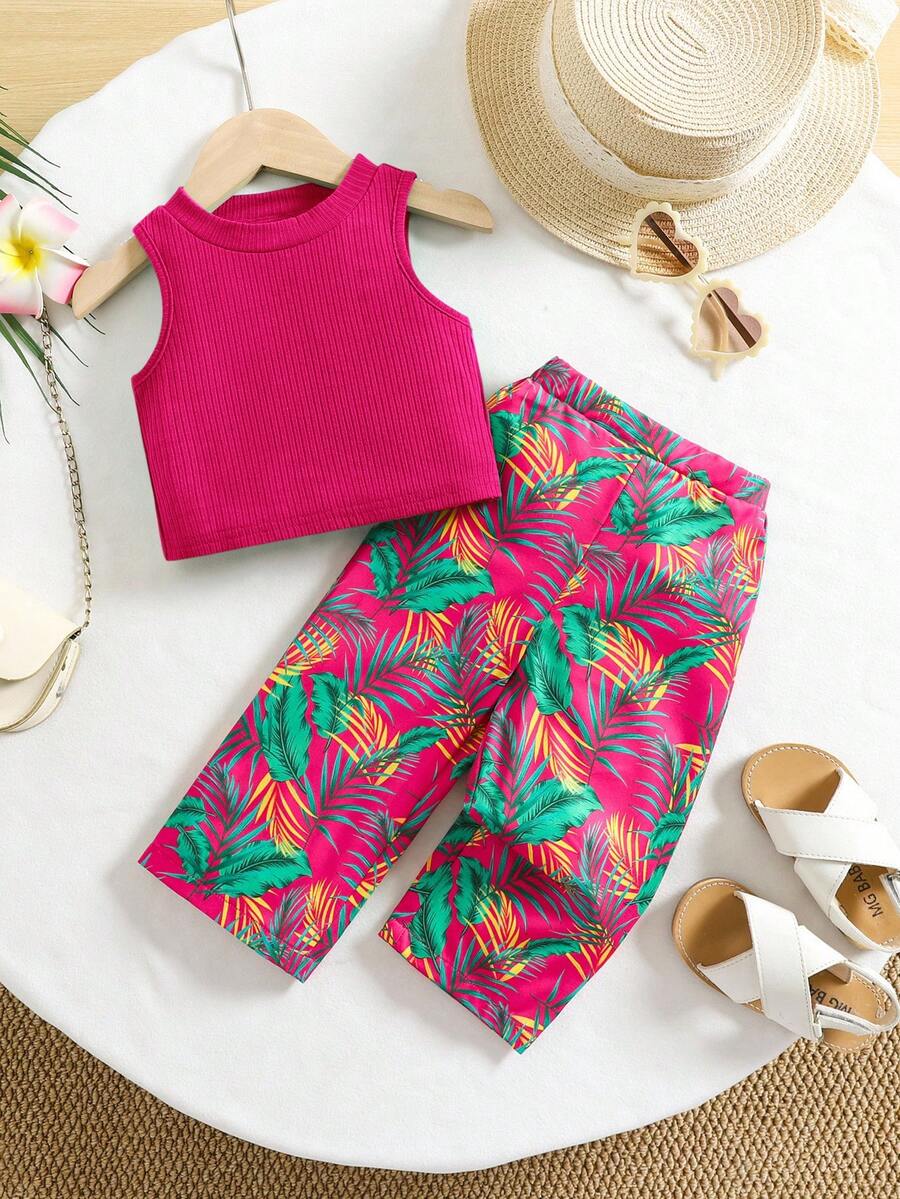 SHEIN Baby Girl Summer Cute Vacation Knit Green Camisole Floral Pattern Pants Set - Hot Pink - View 1