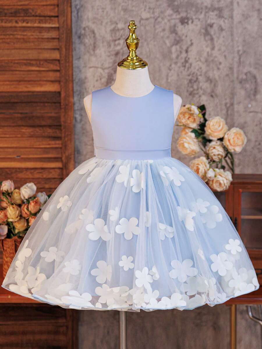 SHEIN Glamorique Kids 淺藍色花童禮服裙 無袖圓領短版修身 A 字裙 花卉網紗細節 女孩公主裙 花童 生日派對 生日慶典 婚禮節慶禮服 緞面質感面料 無袖 立體花卉網紗裙 歐美風 後背蝴蝶結 婚禮 夏季 優雅派對 - 藍色 - 查看 1